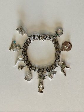 Vintage Sterling Silver Charm Bracelet & 10 Charms